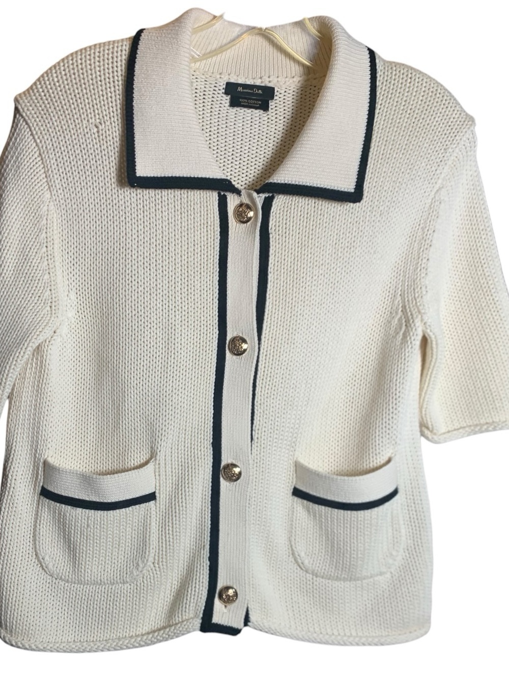 Massimo Dutti Cream Contrast Trim Cotton Knit Cardigan Jacket Oversized XS NWOT - Picture 4 of 9